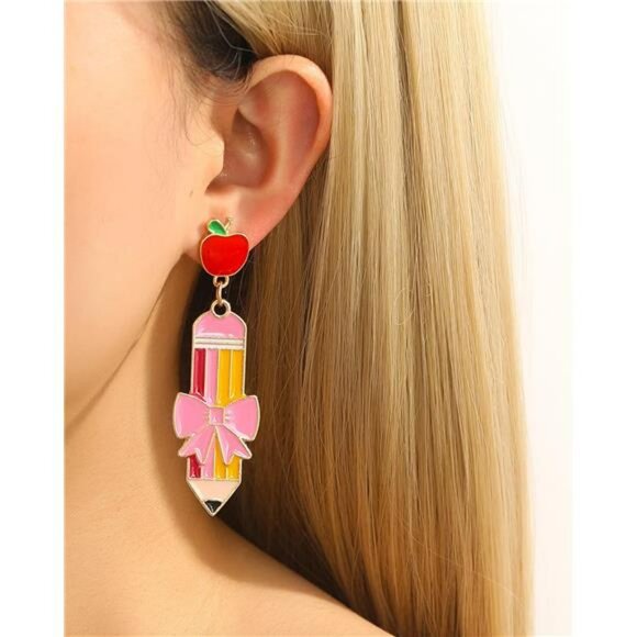 Colorful Teacher Earrings Pencil Apple Drop Dangle Back To School Gift Jewelry - Picture 3 of 8